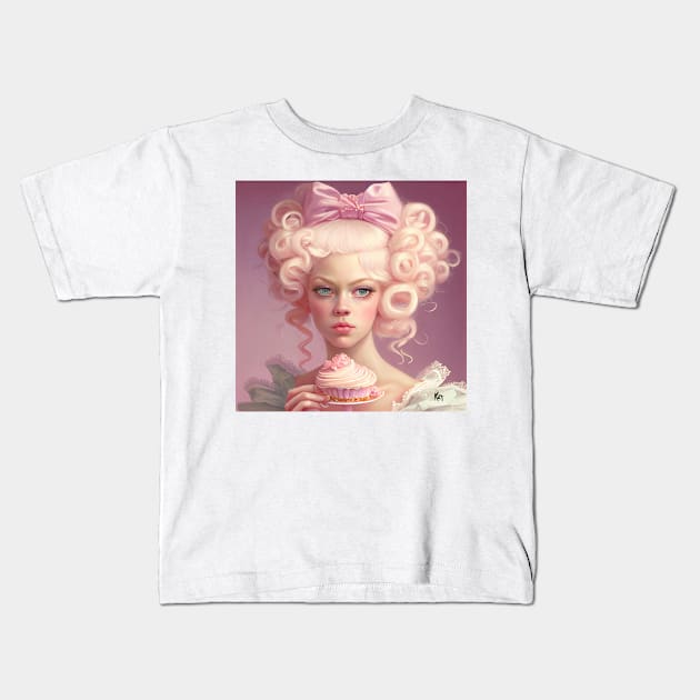 A young Marie Antoinette on pink with a sliding cupcake, Midjourney AI art Kids T-Shirt by KimTurner